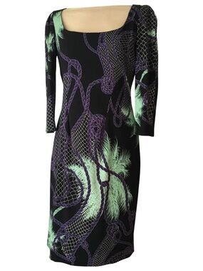 Versace Collection Black Midi Dress with Purple Rope & Mint Palm Motif